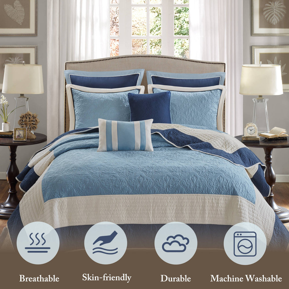 7-Piece Full/Queen 7 Piece Quilt Set with Euro Shams and Throw Pillows,Navy Media 4