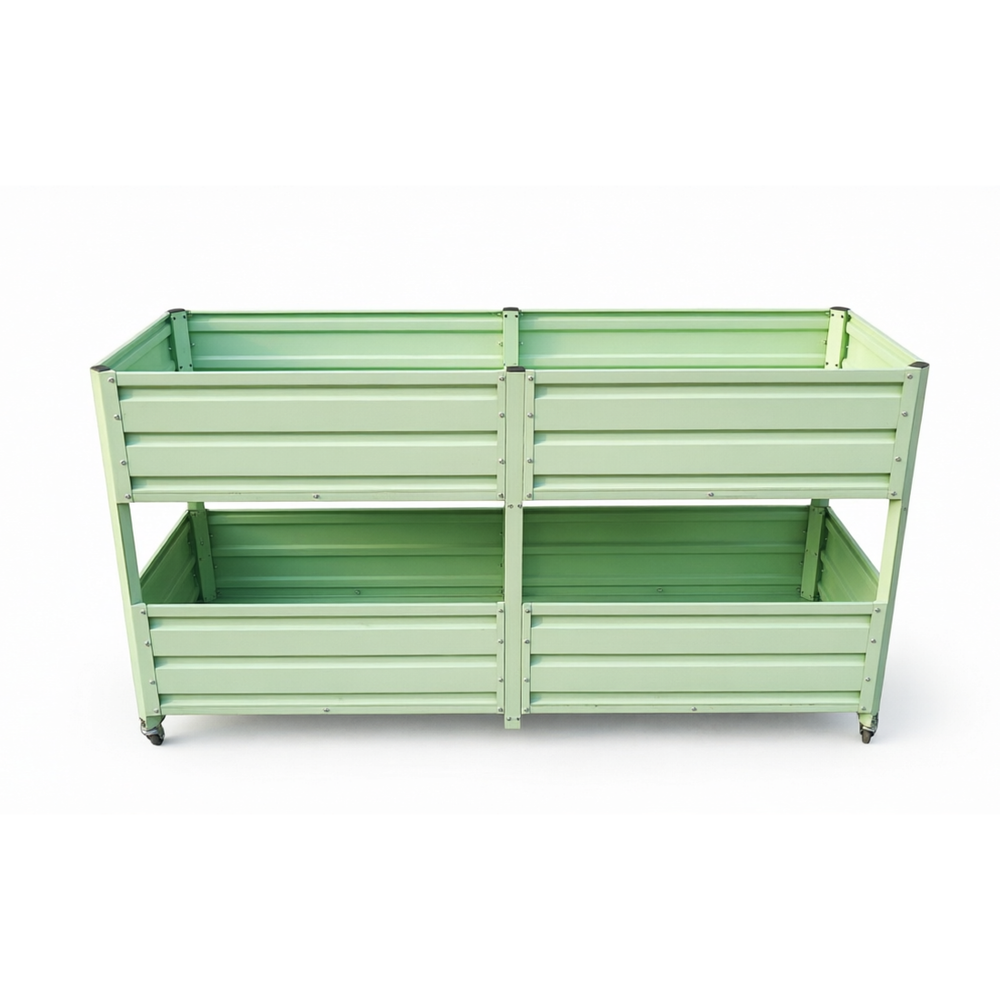 Dual Tier Elevated Metal Raised Garden Bed with Lockable Wheels, Staggered 2-Layer Raised Planter Box for Vegetables Herbs Flowers, Outdoor Patio Backyard Green Planting Bed,Green Media 14