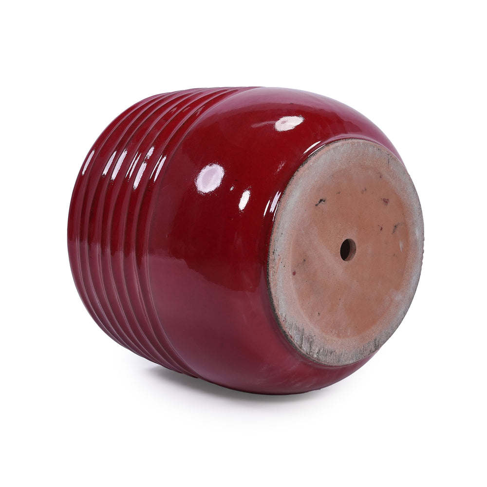 Handmade Glazed Ceramic Planter Set of 3, 15/11/8 Inch Diameter, Horizontal Groove Pattern, for Succulents & Flowering Plants Outdoor Garden & Indoor Staircase Bookshelf Use, Breathable Clay, Deep Red Media 15