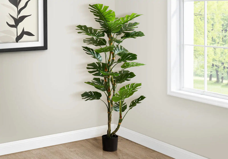 Artificial Plant, 61' Tall, Monstera Tree, Indoor, Potted, Floor, Real Touch, Green Leaves, Black Pot