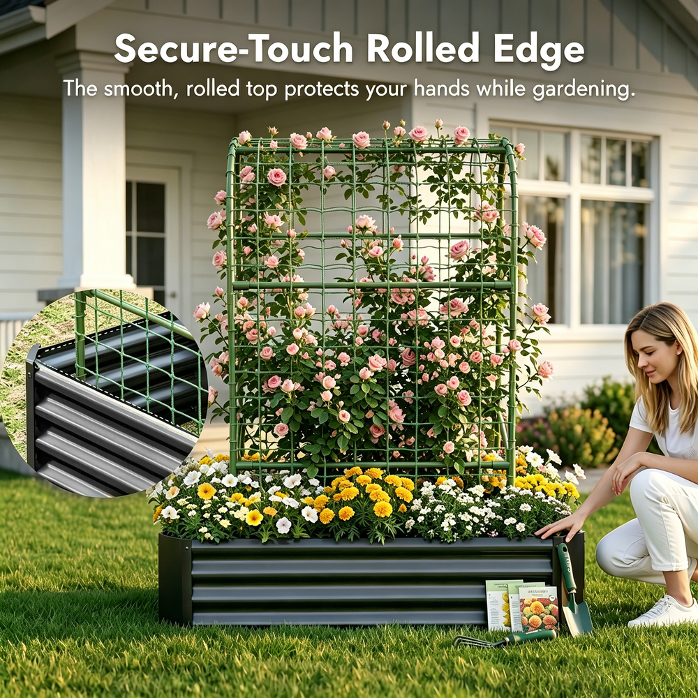 2-in-1 Raised Garden Bed with Trellis - 59' Tall Arch Planter Box for Climbing Plants, Outdoor Galvanized Metal Gardening Bed for Vegetables, Fruits, Flowers (Black, 4x2x1 Ft) Media 4