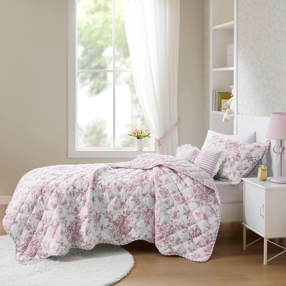 3 Pieces Twin/Twin XL Quilt Set with Decorative Pillow,Pink Media 12
