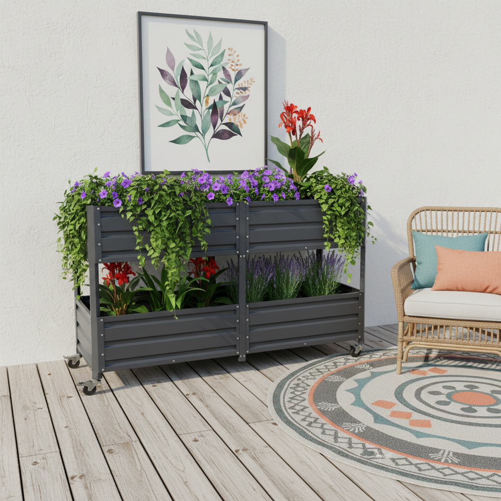 Dual Tier Elevated Metal Raised Garden Bed with Lockable Wheels, Staggered 2-Layer Raised Planter Box for Vegetables Herbs Flowers, Outdoor Patio Backyard Green Planting Bed,Grey Media 3