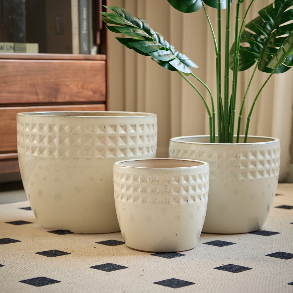 Handmade Ceramic Flower Pot Set of 3, 15/12/9 Inch Diameter, White Diamond Pattern, for Succulents Indoor/Outdoor Use on Windowsill & Bookshelf, Breathable Clay Media 6
