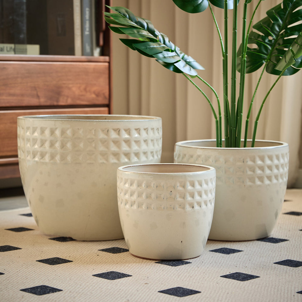 Handmade Ceramic Flower Pot Set of 3, 15/12/9 Inch Diameter, White Diamond Pattern, for Succulents Indoor/Outdoor Use on Windowsill & Bookshelf, Breathable Clay Media 6