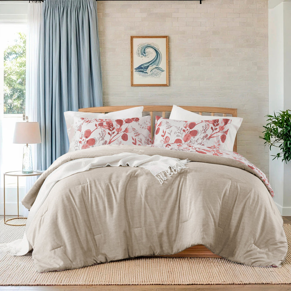 3-Piece Full/Queen Reversible Floral Botanical Seersucker Comforter Set,Pink Media 1