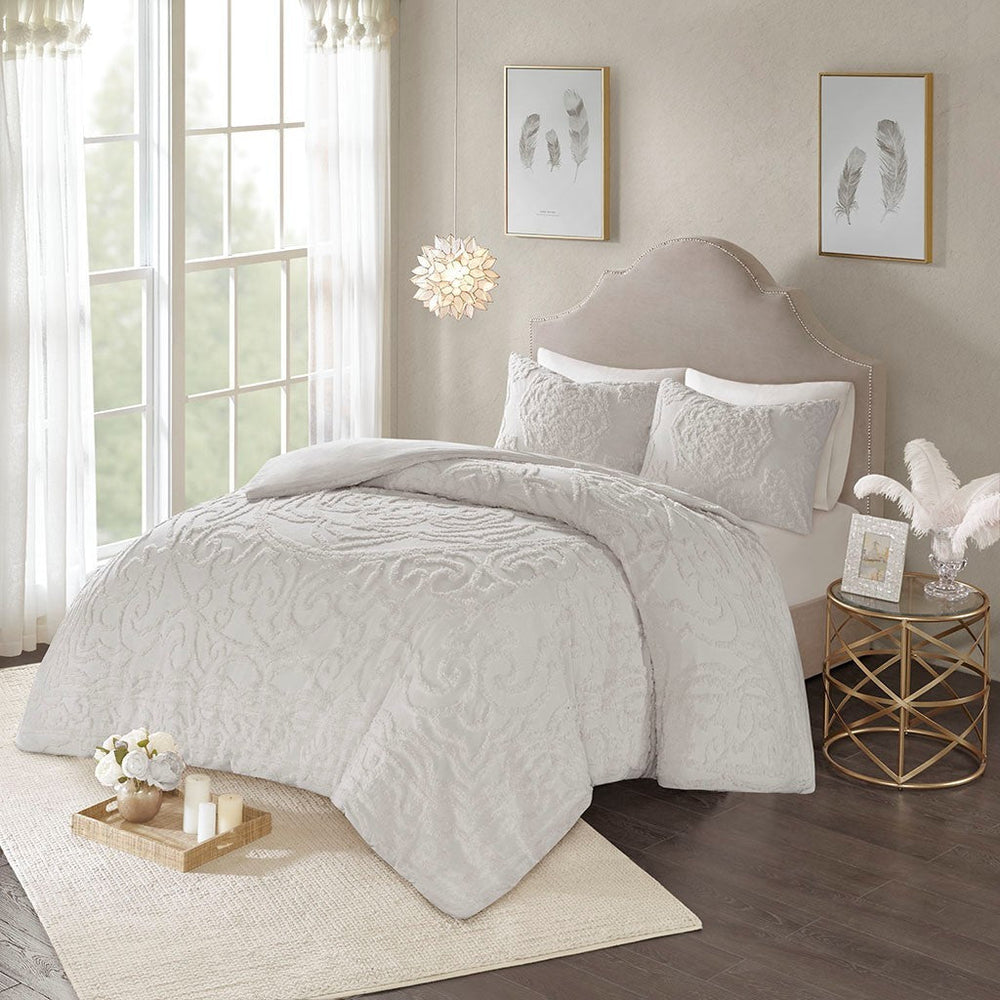 King/Cal King 3-Piece Tufted Cotton Chenille Medallion Duvet Cover Set Media 1