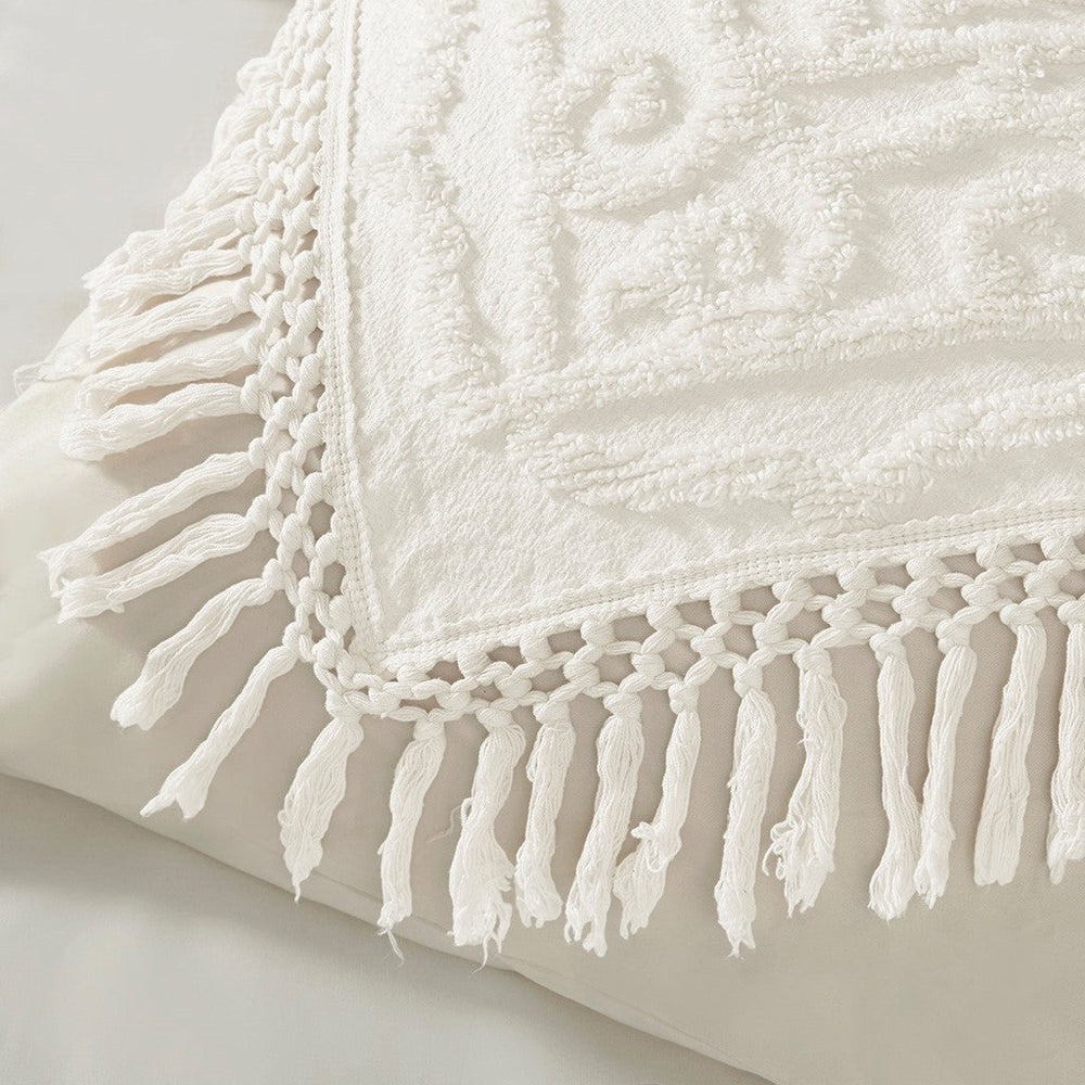 Tufted Cotton Chenille Medallion Fringe Coverlet Mini Set Off-White King/Cal King Media 7