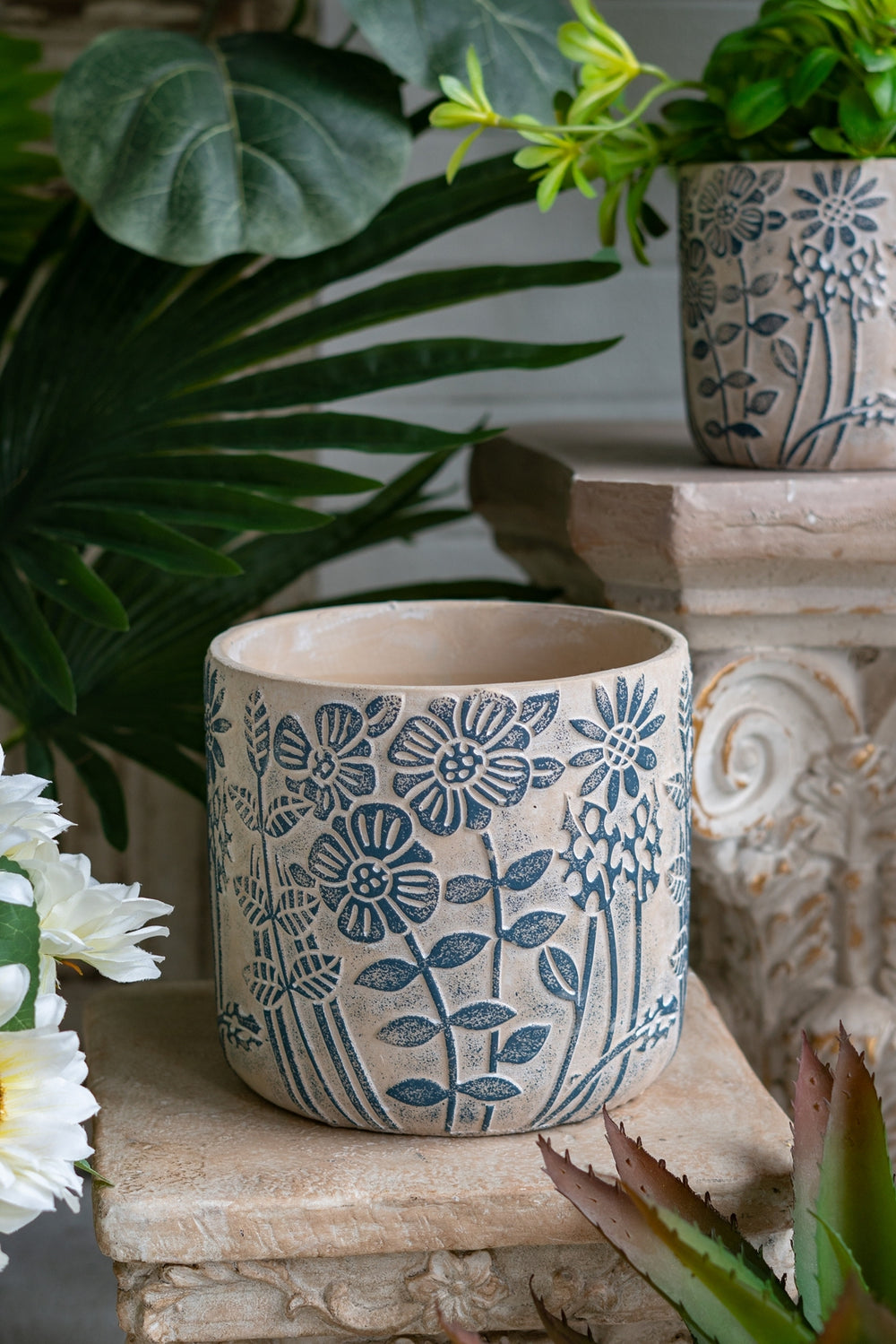 S/2 Gray Sand and Cement Planters with Blue Floral Motif, L:D7x6.7' S:D5.5x5' Media 10