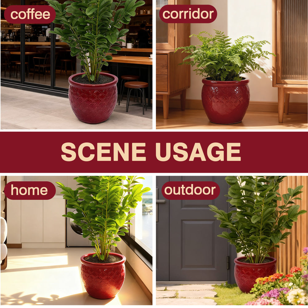 Handmade Ceramic Flower Pot Set of 3, 15/12/10 Inch Diameter, Deep Red with Floral Embossed Pattern, for Orchids Indoor/Outdoor Use on Windowsill & Bookshelf, Breathable Clay Media 10