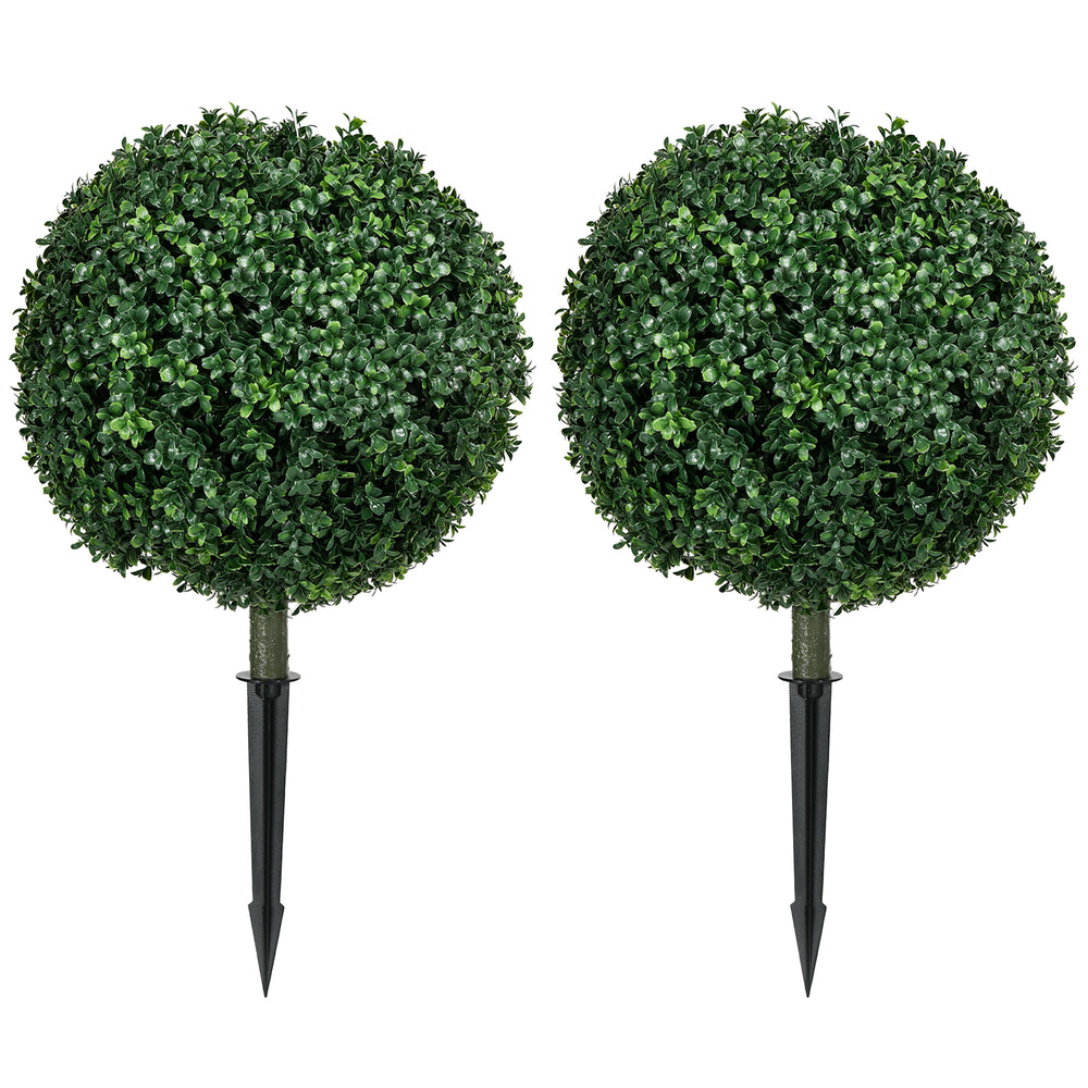 HOMCOM 1.3' (15.7') Artificial Boxwood Topiary Trees with Ground Stake, UV Resistant Set of 2 Ball Shaped Trees, Indoor Outdoor Fake Plants for Home Office & Living Room Décor Media 1