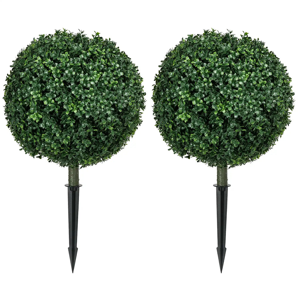 1.3' (15.7') Artificial Boxwood Topiary Trees with Ground Stake, UV Resistant Set of 2 Ball Shaped Trees, Indoor Outdoor Fake Plants for Home Office & Living Room Décor