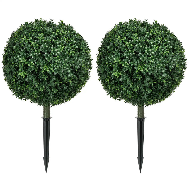 HOMCOM 1.3' (15.7') Artificial Boxwood Topiary Trees with Ground Stake, UV Resistant Set of 2 Ball Shaped Trees, Indoor Outdoor Fake Plants for Home Office & Living Room Décor