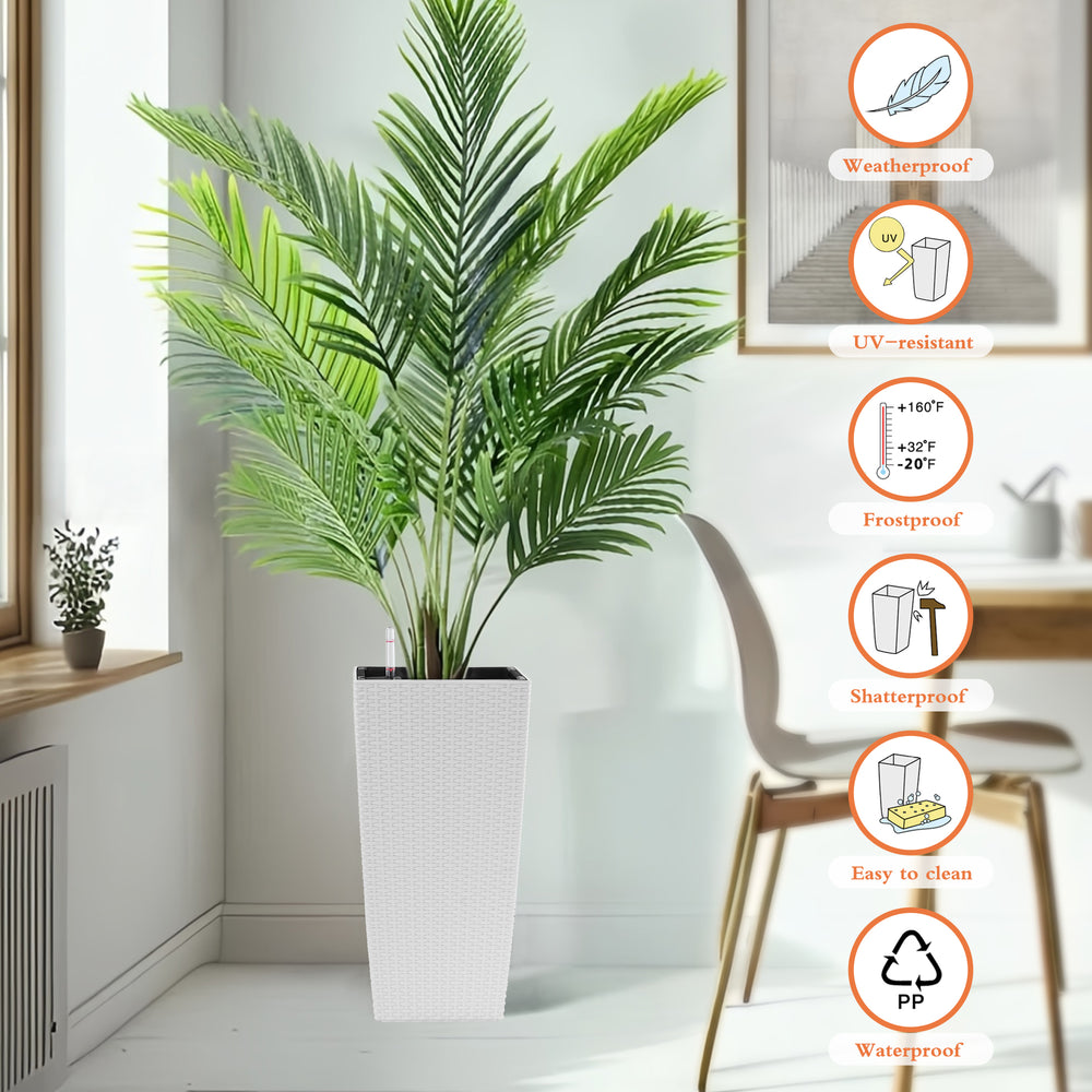 Pack of 2 Square Planter 22-Inch High Faux Rattan Design Flower Pot with Automatic Watering System for Porch, Patio, Backyard, Makes Keeping Flowers Easier White Media 8
