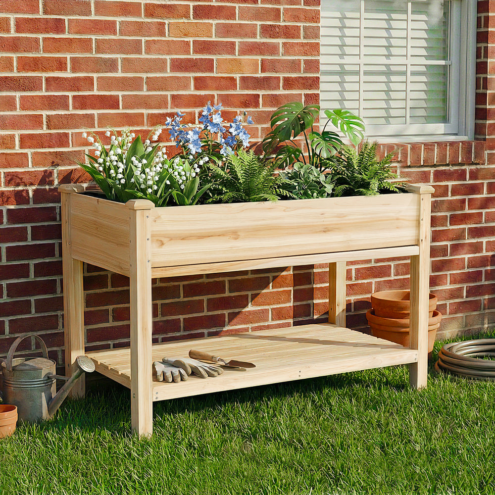 Raised Garden Bed 48x23x31.1-inch Elevated Wood Planter with Water Collection Tray, Storage Shelf, Protective Liner Media 9