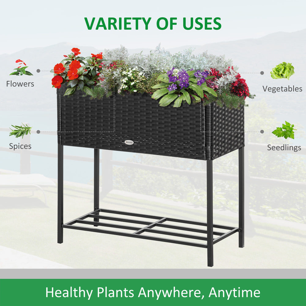 Outsunny Raised Garden Bed, Elevated Planter Box with Rattan Wicker Look, Tool Storage Shelf, Portable Design for Herbs, Vegetables, Flowers, Black Media 6