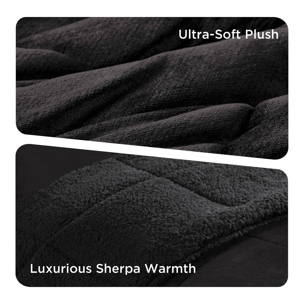 4-Piece King Plush to Sherpa Down Alternative Comforter Set,Black/Black Media 17