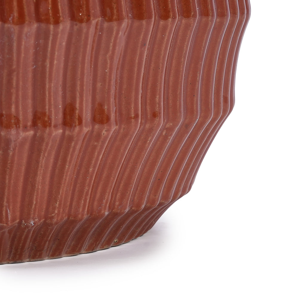 Handmade Brick Red Glaze Ceramic Planter Set of 4, 7/9/12/14 Inch, Horizontal Grooves, Indoor & Outdoor Herb Succulent Pots, Breathable Clay with Drainage Holes Media 15