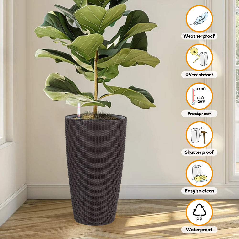 Faux Rattan Tall Planters Set of 2 with Water Level Monitor and Automatic Watering, Brown, 22 Inch Media 7