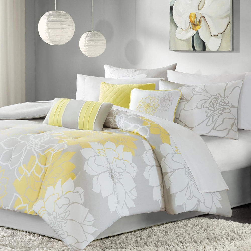 Printed Cotton Sateen Comforter Set Taupe Grey/Yellow Queen Media 1