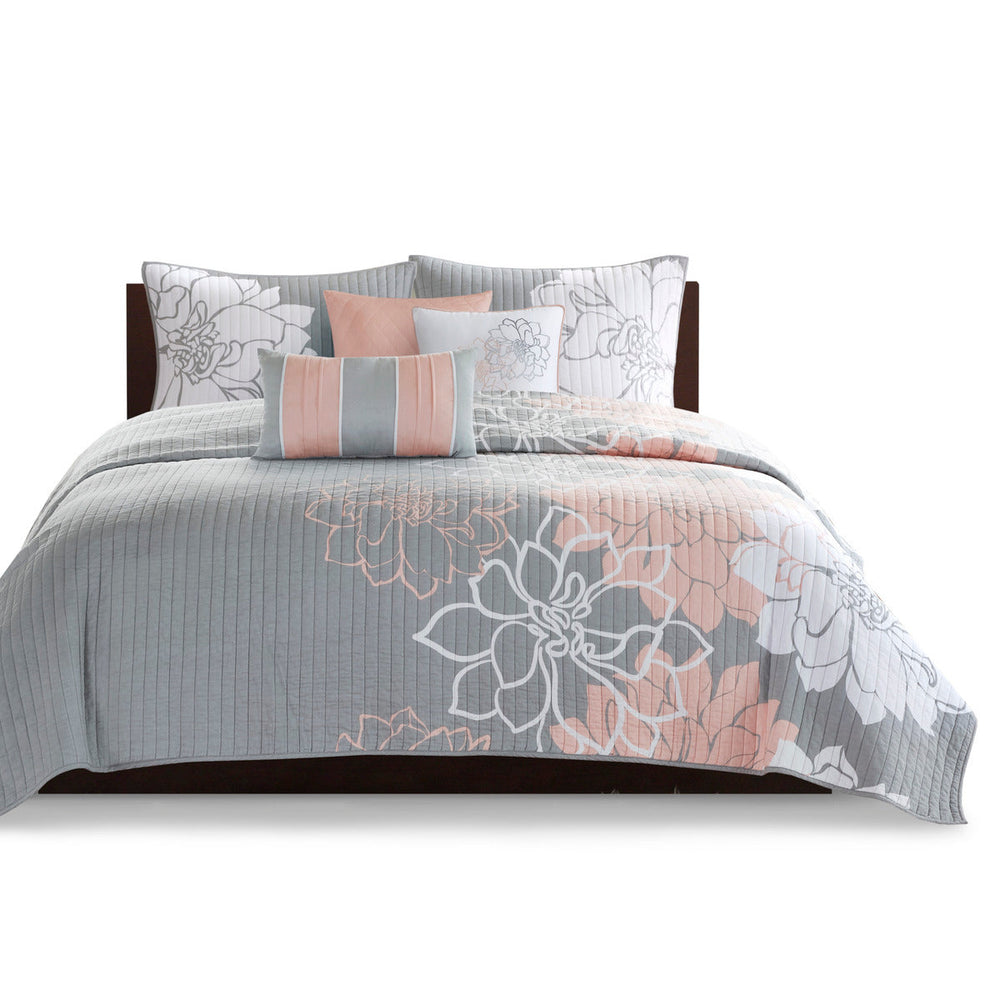 6 Piece Printed Cotton Quilt Set with Throw Pillows Grey/Peach Full/Queen Media 8