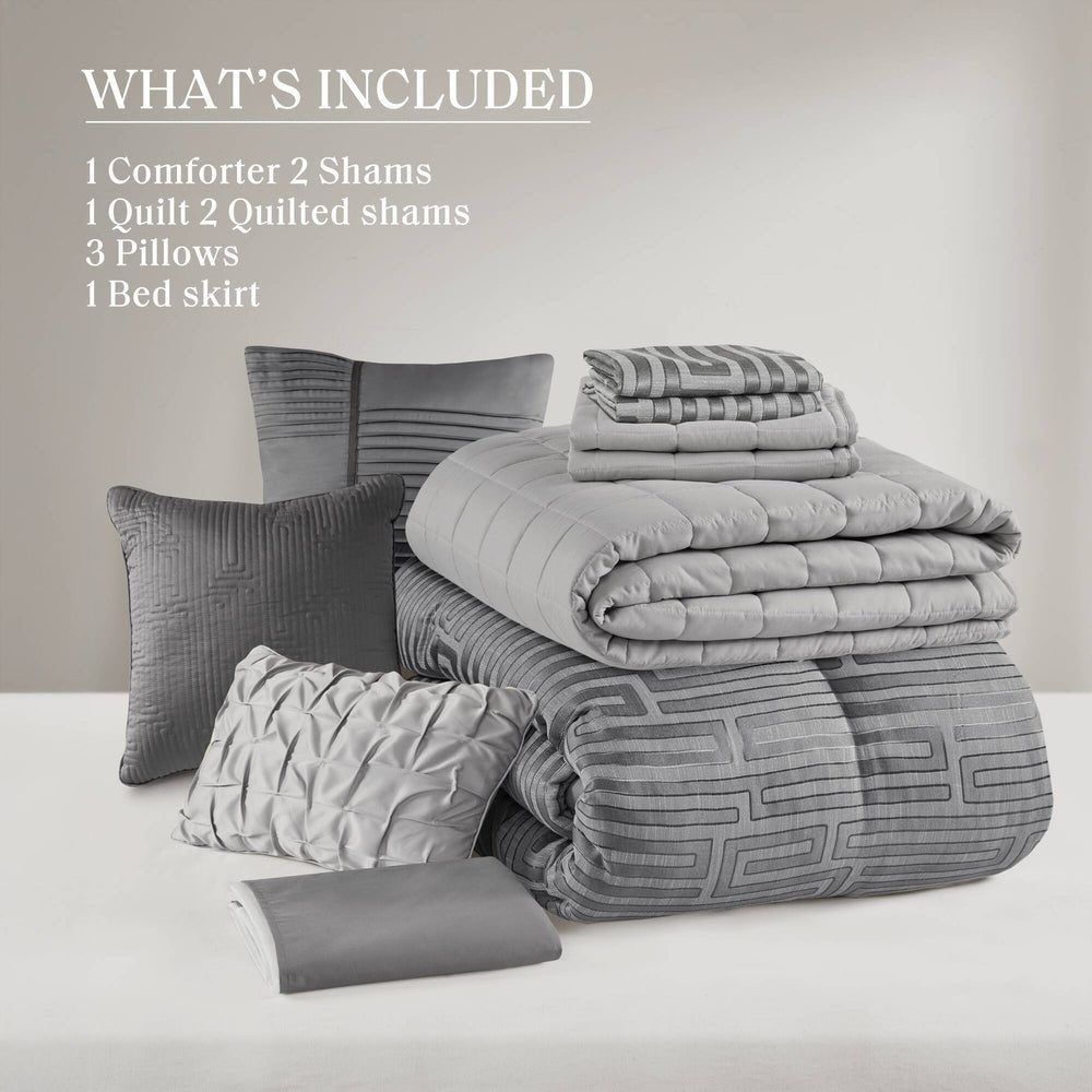 10 PCS Queen Luxury Jacquard Comforter Set Grey Media 7