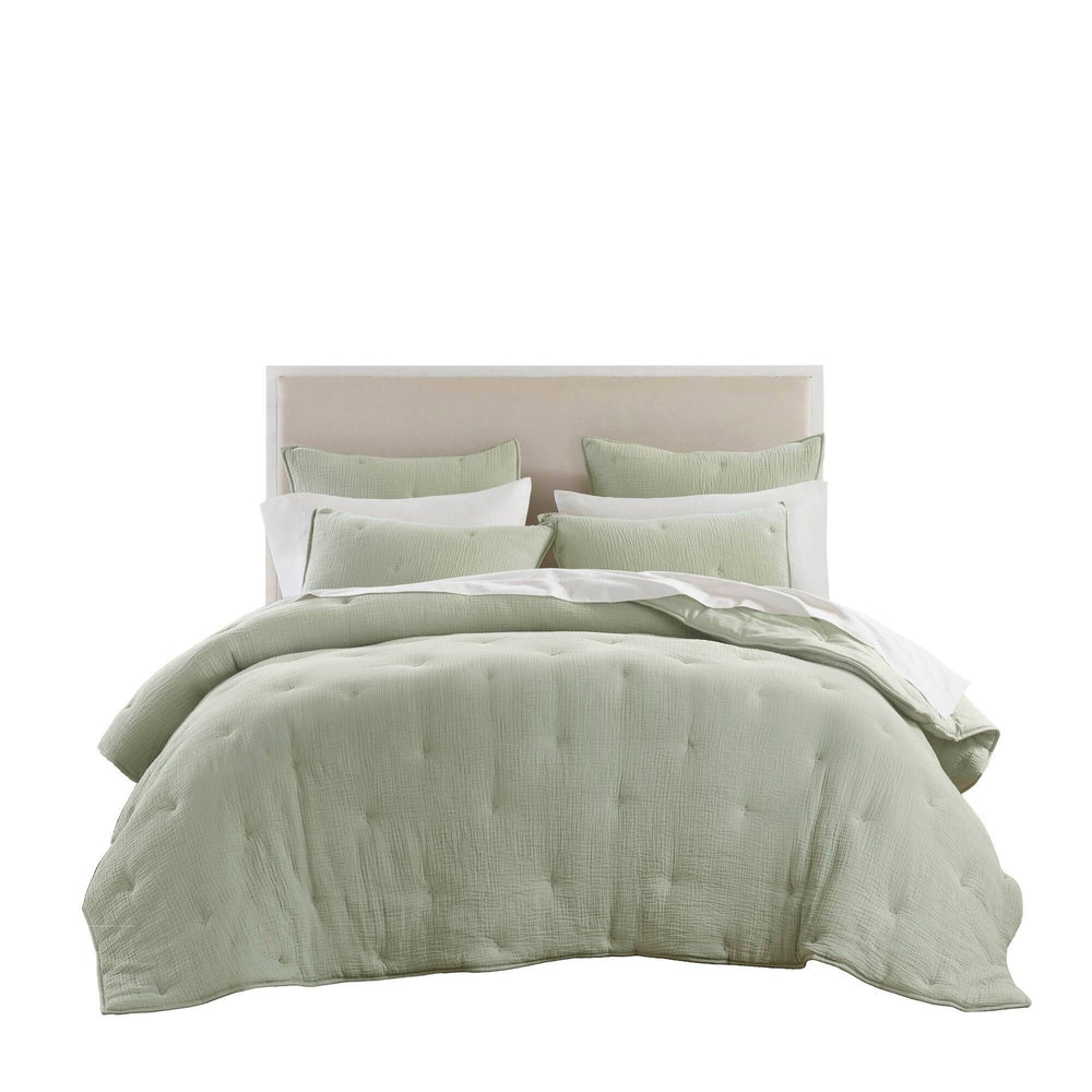 3-Piece Full/Queen Cotton  Embroidered Quilt Set,Sage Media 2