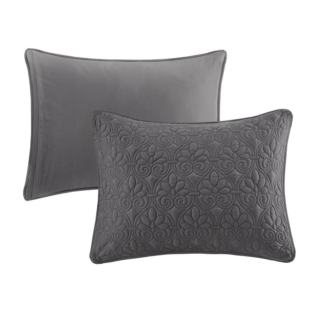 3 Piece Split Corner Pleated Quilted Bedspread Dark Grey Queen Media 12