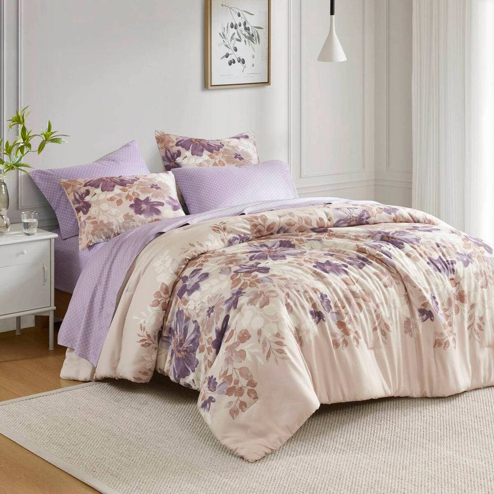 Floral Comforter Set with Bed Sheets Taupe Cal King Media 1