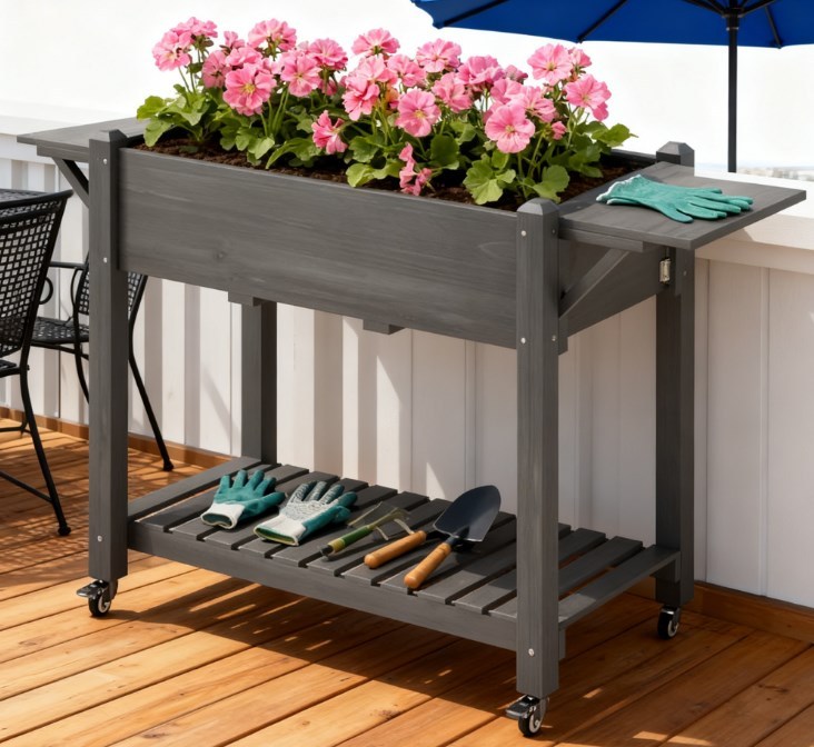 Elevated Garden Bed,Wood Raised Planter Box,with Lockable Wheels,Side Tables,Bottom Shelf,Drain Holes Media 9
