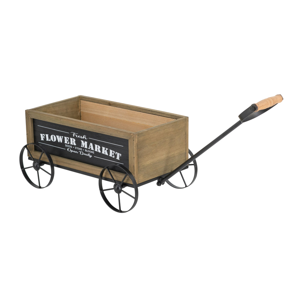 16.5x9.5x8' Rustic Wooden Wagon Planter with Black Iron Wheels and Handle Media 6