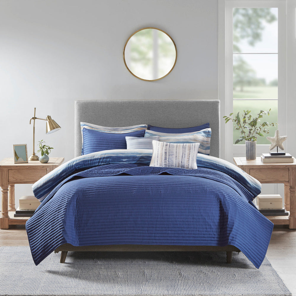 8 Piece Printed Seersucker Comforter and Quilt Set Collection Blue King/Cal King Media 8