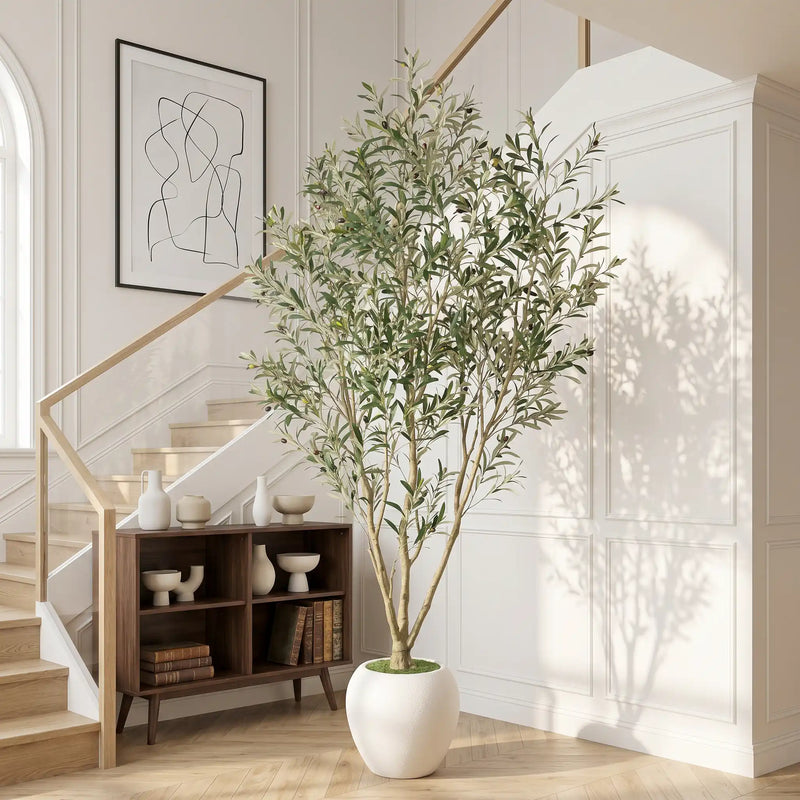 8FT Artificial Olive Tree With Big Decorative White Planter, Tall Indoor & Covered Outdoor Decorative Tree, 1pc/set