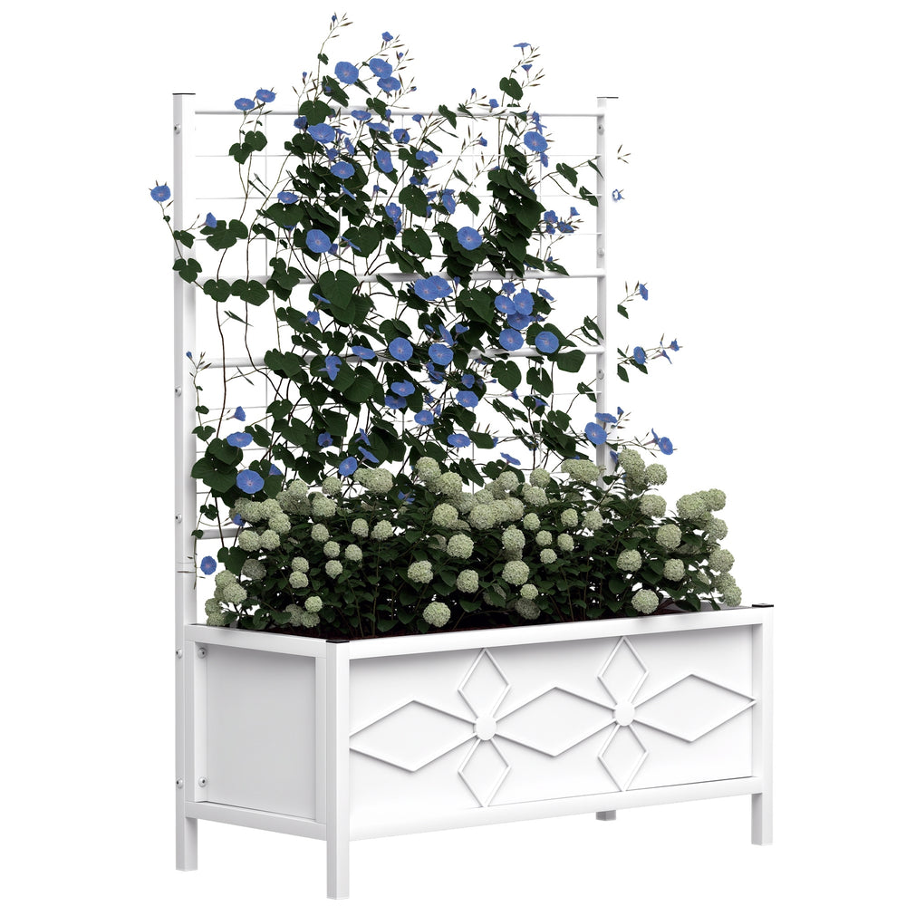 Outsunny Galvanized Raised Garden Bed with Trellis for Climbing Vines Vegetables Flowers, Outdoor Planter Box, 35.4' x 15.7' x 47.2', White Media 1