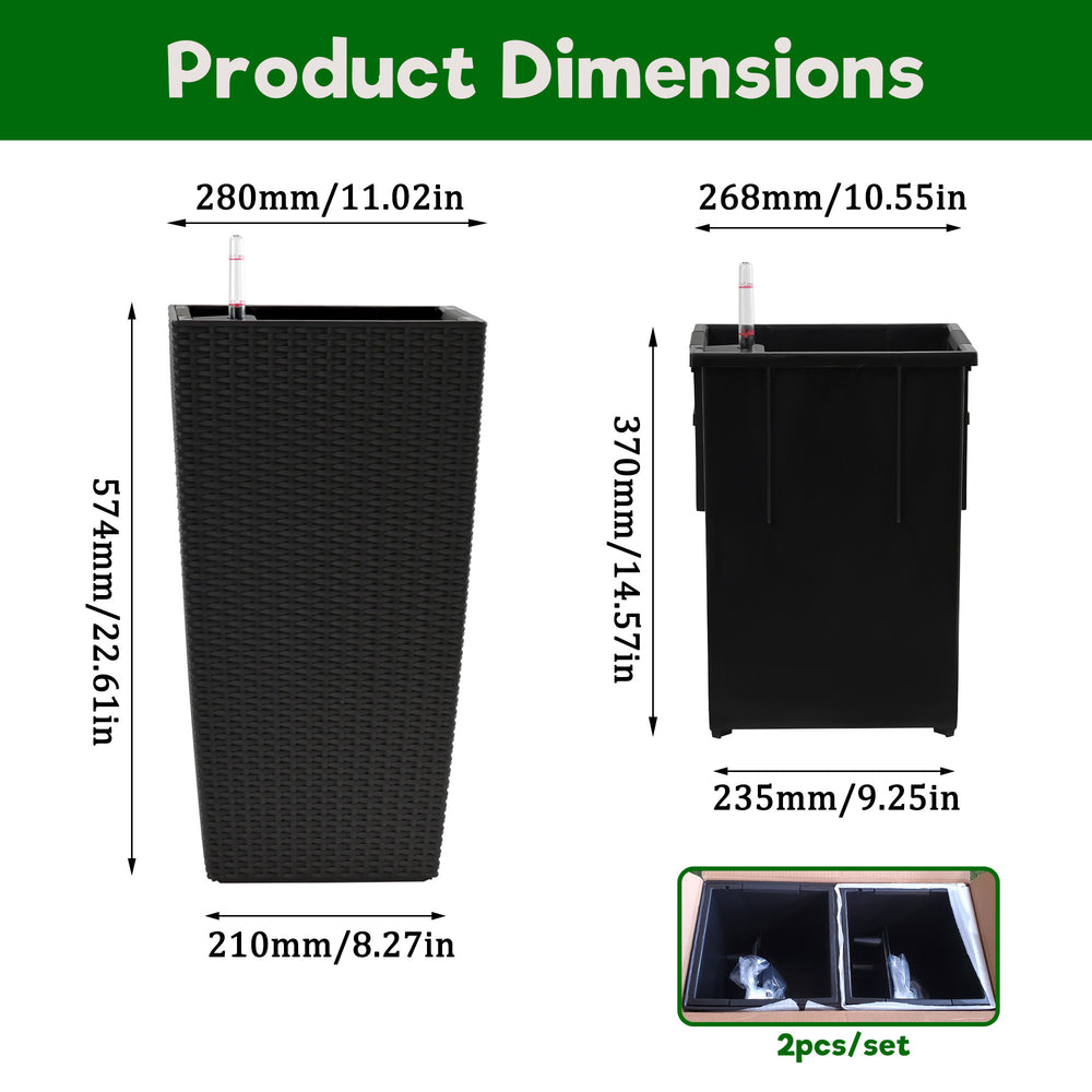 Pack of 2 Square Planter for Garden 22-Inch High Faux Rattan Design Flower Pot with Automatic Watering System for Porch, Patio, Backyard, Makes Keeping Flowers Easier Media 6