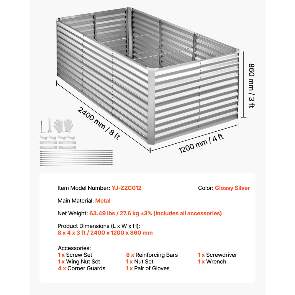 Galvanized Raised Garden Bed, 8 x 4 x 3 ft, Rectangular Metal Planter Box Kit Outdoor, Bottomless Elevated Planting Box with Gloves, Rustproof Alu-Zinc, for Growing Flowers Vegetables, Silver Media 2