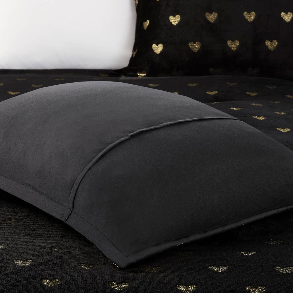 4 PCS Full/Queen Metallic Printed Plush Comforter Set with Throw Pillow Black/Gold Media 2