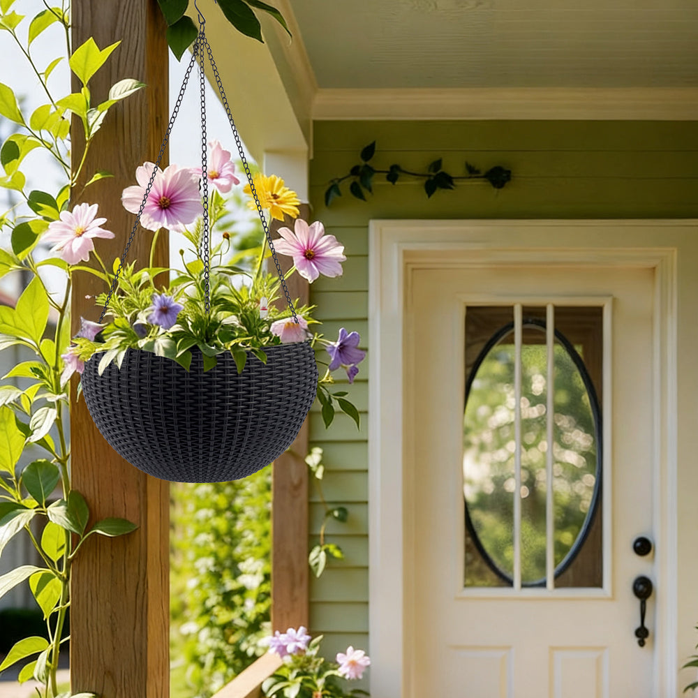 13.4 inch Self-Watering Hanging Rattan-Inspired Planter Large Capacity, Root-Rot Resistant Water Storage with Water Level Indicator, Dual-Use for Indoor & Balcony Decoration (Pack of 2, Black Color) Media 5