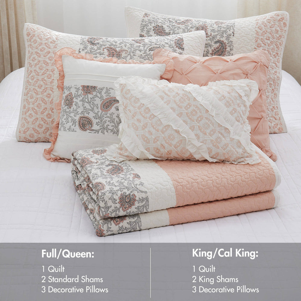 6 Piece Cotton Percale Quilt Set with Throw Pillows Blush King/Cal King Media 8