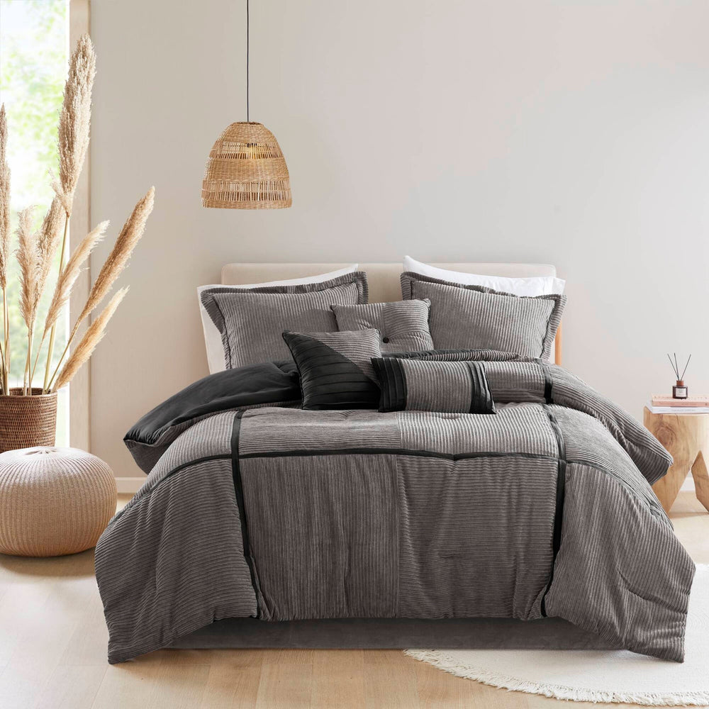 7 Piece Micro Corduroy Comforter Set Grey King Media 1