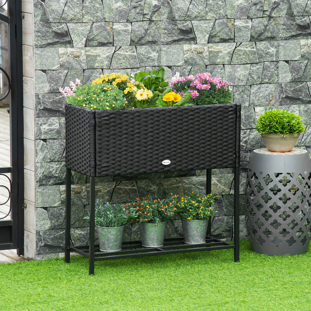 Outsunny Raised Garden Bed, Elevated Planter Box with Rattan Wicker Look, Tool Storage Shelf, Portable Design for Herbs, Vegetables, Flowers, Black Media 9