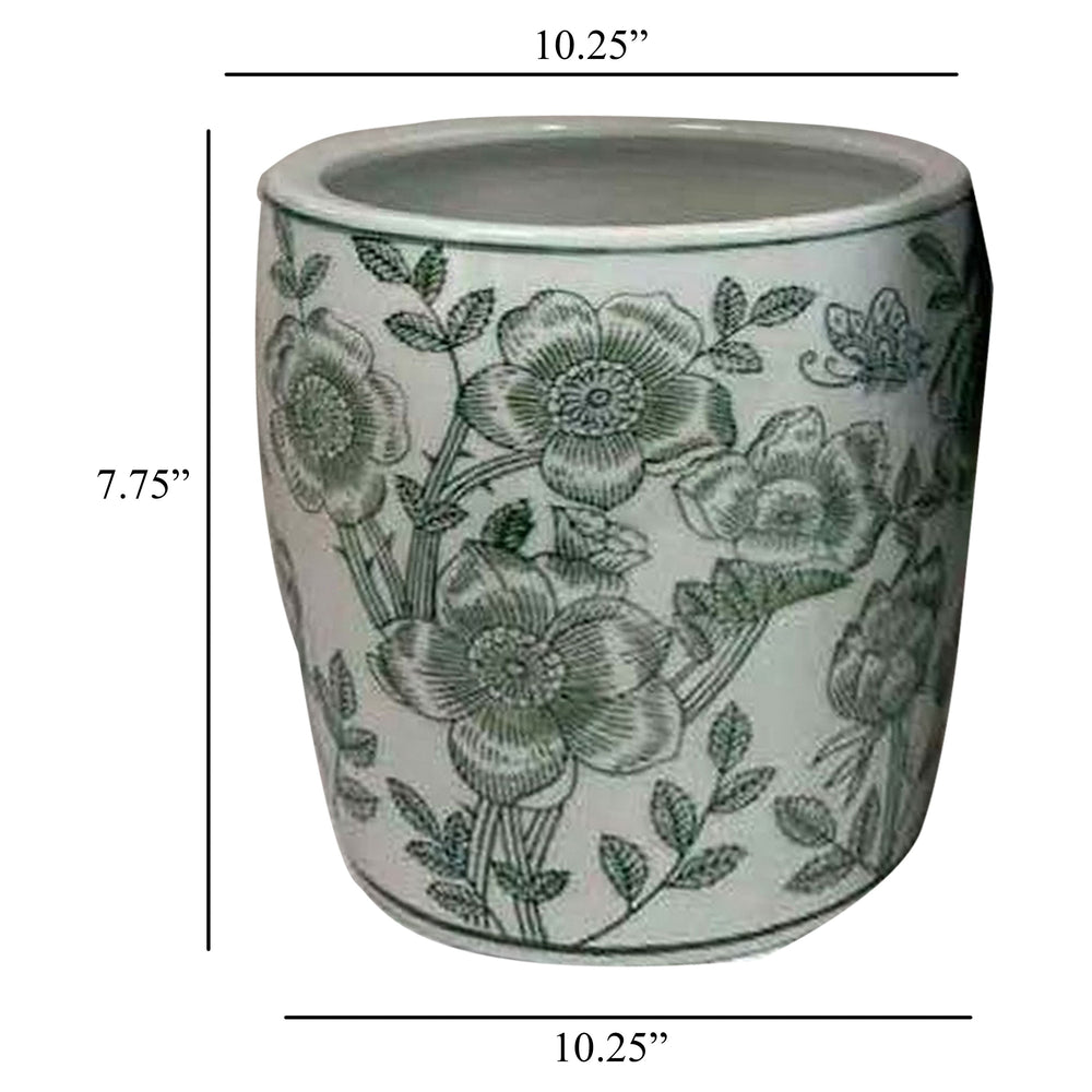 Kerry Accent Planter Pot Set of 4, Green Floral Pattern, White Ceramic Media 6
