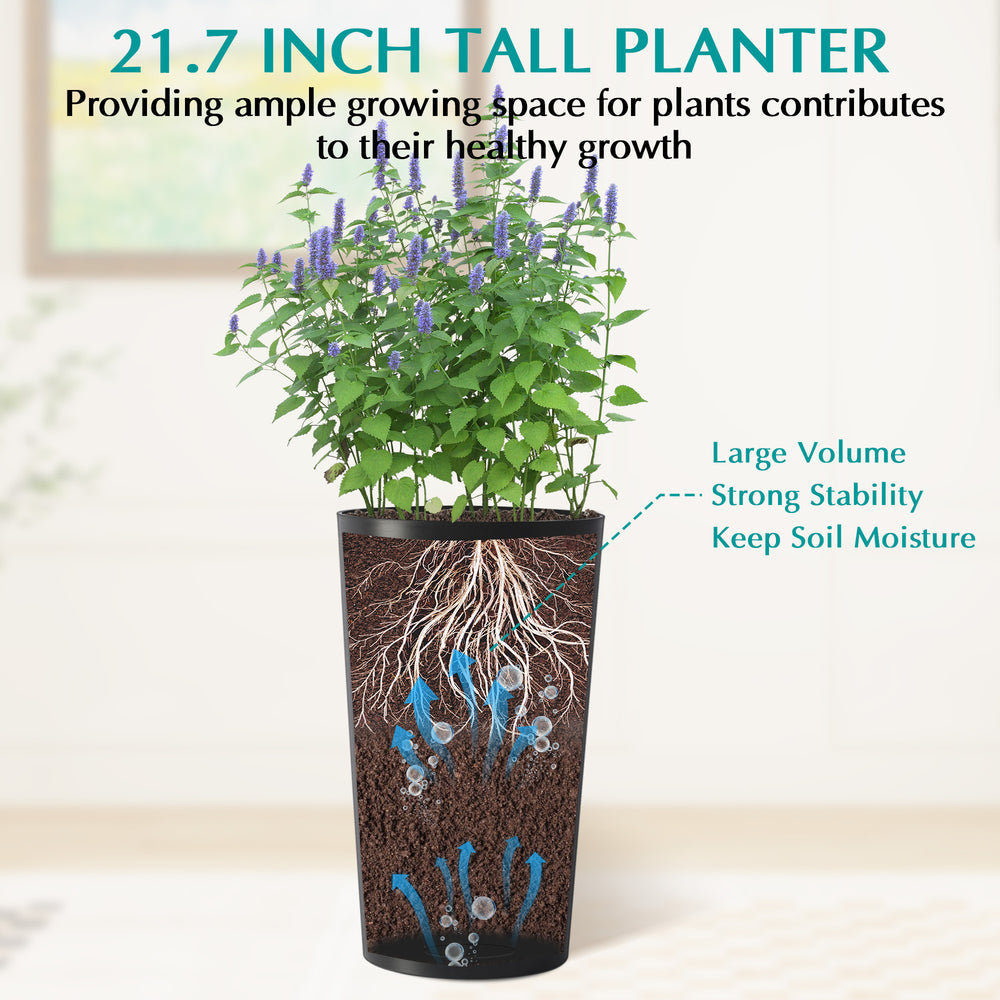 2 Pack Tall 21.7 in Planters for Outdoor Plants Modern Tall Square Planter Box Indoor Outdoor Porch Patio Flower Pot Modern Big Tapered Matte Tree Flower Pot for Garden, (Black) Media 5