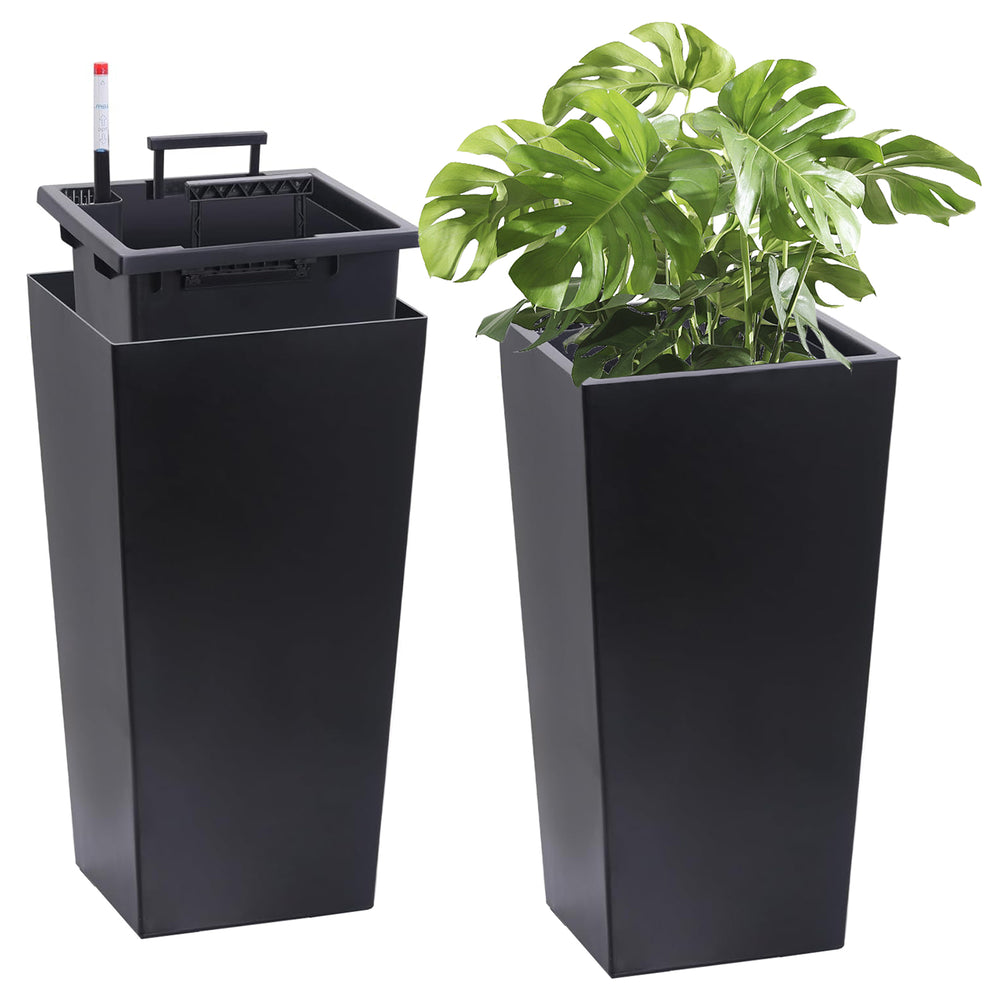 22'Tall Planter Set of 2, Outdoor＆Indoor Black Planter Pots, High Front Porch Planter Pots with Drainage Holes＆Water Level Monitor＆Inner Bucket, Automatic Watering, Black Media 1
