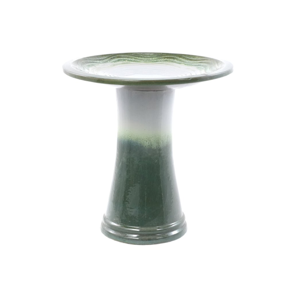 Handmade glazed ceramic bird bath, 17' concentric ripple embossed tray & 18' pedestal base, white to sage green ombre gradient glaze outdoor bird feeder for yard, lawn, patio & backyard Media 9