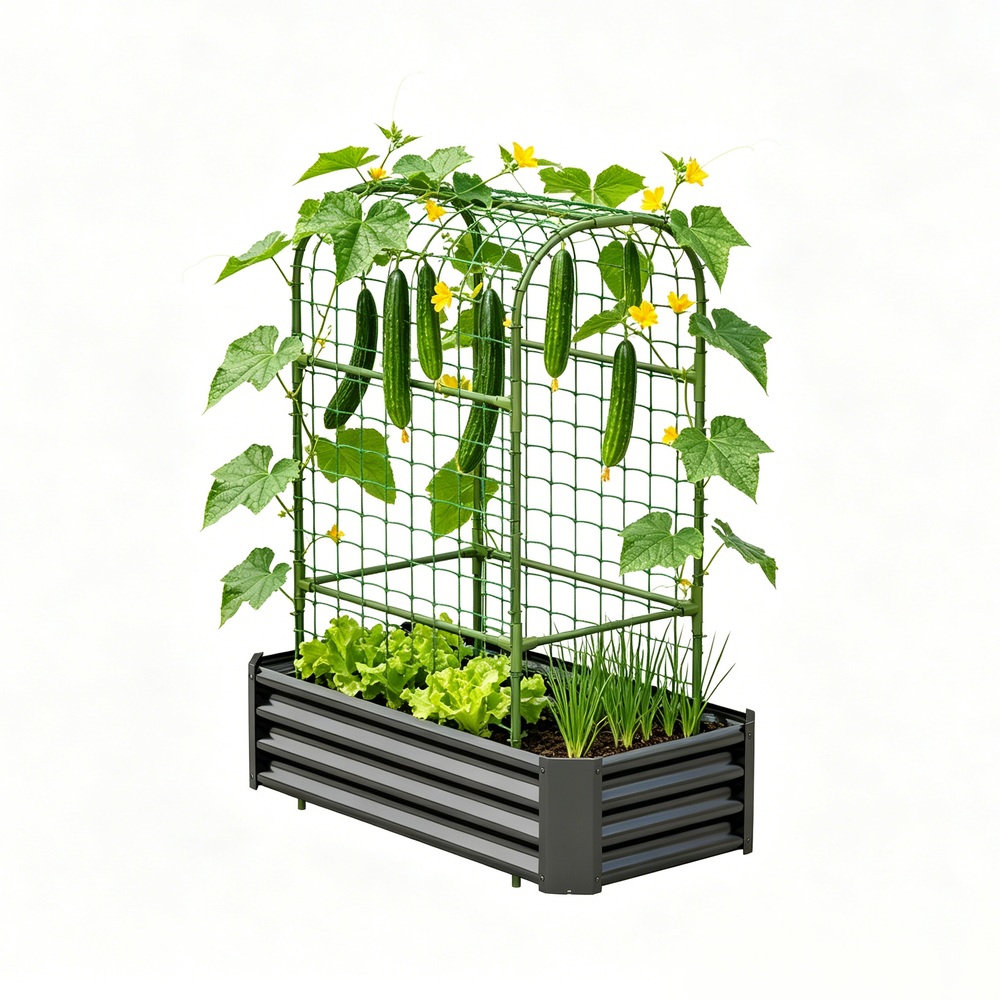 2-in-1 Raised Garden Bed with Trellis - 59' Tall Arch Planter Box for Climbing Plants, Outdoor Galvanized Metal Gardening Bed for Vegetables, Fruits, Flowers (Black, 4x2x1 Ft) Media 9