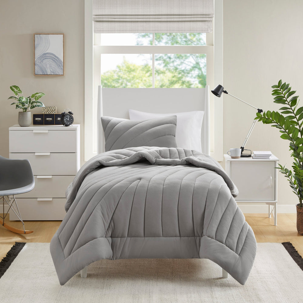 3 PCS Full/Queen Poly Jersey Puffy Comforter Set Gray Media 9