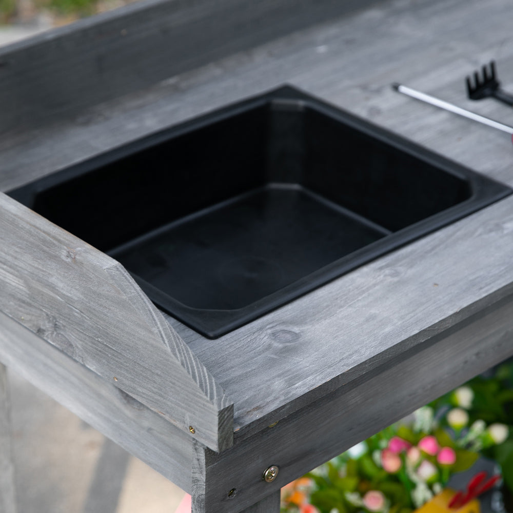 Outsunny 36'' Wooden Potting Bench Work Table with 2 Removable Wheels, Sink, Drawer & Large Storage Spaces, Gray Media 9