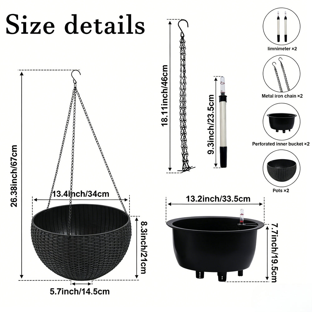 13.4 inch Self-Watering Hanging Rattan-Inspired Planter Large Capacity, Root-Rot Resistant Water Storage with Water Level Indicator, Dual-Use for Indoor & Balcony Decoration (Pack of 2, Black Color) Media 3