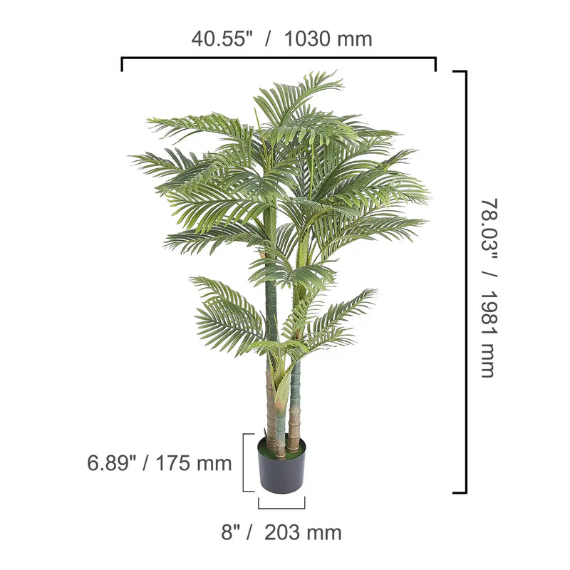 Artificial Gold Cane Palm Tree, 6.5 FT Tall Faux Plant, PE Material & Anti-Tip Tilt Protection Low-Maintenance Plant, Lifelike Green Fake Tree for Home Office Warehouse Decor Indoor Outdoor